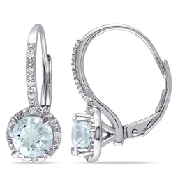1 1/2ct tgw aquamarine and diamond leverback halo earrings in sterling silver