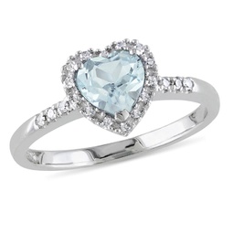 1/10ct tdw diamond and aquamarine heart halo ring in sterling silver