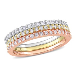 5/8ct tdw triple row diamond ring set in 3-tone pink, yellow and white sterling silver