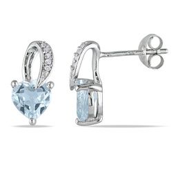 1 1/3ct tgw heart shaped aquamarine and diamond swirl earrings in sterling silver