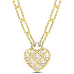 freshwater cultured pearl & diamond accent heart paperclip chain link necklace in yellow plated sterling silver