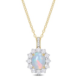 2 1/6 ct tgw oval shape blue ethiopian opal and white topaz and diamond accent halo pendant with chain in yellow plated sterling silver