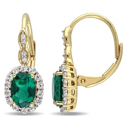womens 2 1/4ct tgw oval shape created emerald, white topaz and diamond accent vintage leverback earrings in 14k yellow gold
