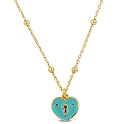 turquoise enamel heart necklace on diamond cut cable chain w/ ball beads in yellow silver - 16.5+1 in.