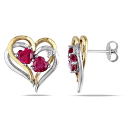 2 1/3ct tgw created ruby and diamond accetn heart earrings in two-tone silver