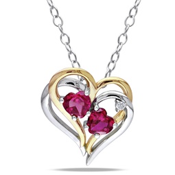 diamond and created ruby heart pendant with chain in 2-tone yellow and white sterling silver