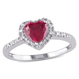 1/10ct tw diamond and created ruby heart halo ring in sterling silver