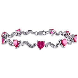diamond and 9 1/10ct tgw heart shaped created ruby bracelet in sterling silver