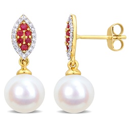 8mm cultured freshwater pearl 1/7ct tdw diamond 1/6ct tgw ruby marquise earrings 14k yellow gold
