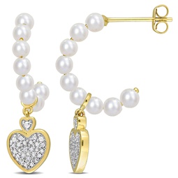 3.5-4mm freshwater cultured pearl and diamond accent heart drop earrings in 10k yellow gold