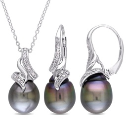 womens 2pc set of 9-9.5mm black tahitian pearl and 1/10ct tw diamond vintage drop pendant w/ chain and leverback earrings