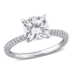 2ct dew cushion created moissanite and 1/10ct tw diamond engagement ring in 14k white gold