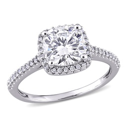 2ct dew cushion created moissanite and 1/4ct tw diamond halo engagement ring in 14k white gold