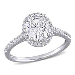 2ct dew oval created moissanite and 1/4ct tw diamond double halo engagement ring in 14k white gold