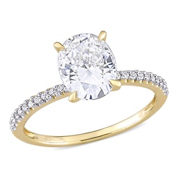 2ct dew created white moissanite and 1/10ct tw diamond oval solitaire engagement ring in 14k yellow gold