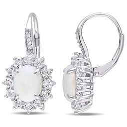 3 7/8ct tgw opal, white topaz and diamond accent halo leverback earrings in sterling silver