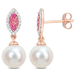 8mm cultured freshwater pearl 1/7ct tdw diamond & pink sapphire marquise earrings 14k rose gold