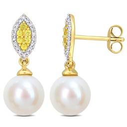 8mm cultured freshwater pearl 1/7ct tdw diamond & yellow sapphire marquise earrings 14k yellow gold