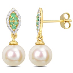 8mm cultured freshwater pearl 1/7ct tdw diamond 1/6ct tgw emerald marquise earrings 14k yellow gold