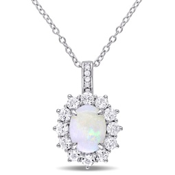 2ct tgw opal white topaz and diamond accent halo pendant with chain in sterling silver