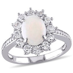 1/10ct tdw diamond and oval cut opal and white topaz halo ring in sterling silver