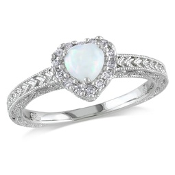 1/7ct tdw diamond and opal heart halo ring in sterling silver