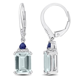 womens 4 1/10ct tgw octagon-cut aquamarine and trilliant-cut blue sapphire 1/10ct tdw diamond leverback earrings in 14k white gold