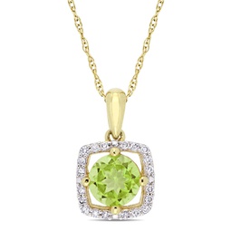 7/8ct tgw peridot and 1/10ct tdw diamond square halo pendant with chain in 10k yellow gold