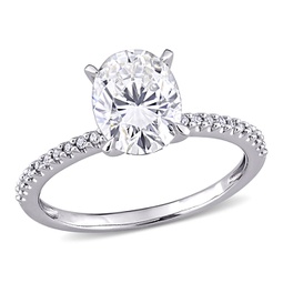 2ct dew oval created moissanite and 1/10ct tw diamond engagement ring in 14k white gold