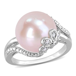 12-12.5mm button-shaped pink freshwater cultured pearl and diamond accent flower split-shank ring in sterling silver
