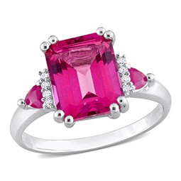 womens 4 1/2ct tgw octagon-cut pink topaz & trilliant-cut ruby diamond accent 3-stone ring in sterling silver