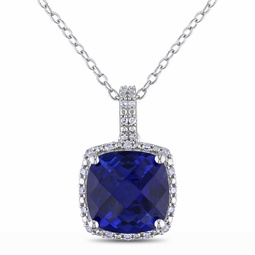 1/10 ct tw diamond and 5 3/4 ct tgw created blue sapphire square pendant with chain in sterling silver