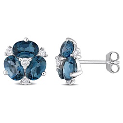 3ct tgw london blue topaz and 1/4ct tdw diamond floral earrings in 14k white gold