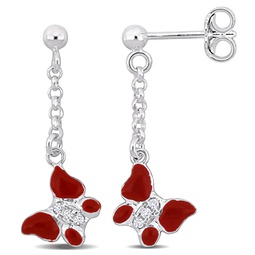 cubic zirconia red enamel butterfly drop earrings in sterling silver