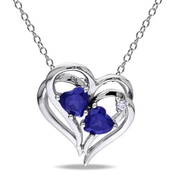 1 1/8 ct tgw created blue sapphire heart and 0.02 ct tw diamond pendant with chain in sterling silver