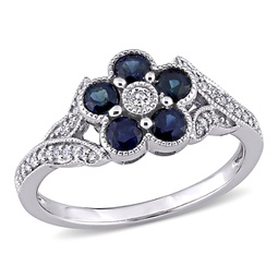 3/4 ct tgw blue sapphire and 1/6 ct tw diamond floral engagement ring in 10k white gold