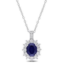 4 ct tgw created blue and created white sapphire and 0.02 ct tw diamond oval halo pendant with chain in sterling silver
