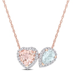1 3/4 ct tgw heart shape morganite pear shape aquamarine and 1/5 ct tw diamond pendant with chain in 10k rose gold