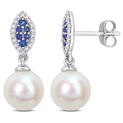 8mm cultured freshwater pearl 1/7ct tdw diamond 1/6ct tgw sapphire marquise earrings 14k white gold