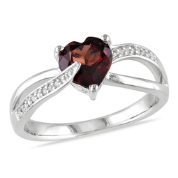 garnet and diamond heart crossover ring in sterling silver
