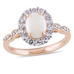 1 1/2 ct tgw oval shape opal, white topaz and diamond accent vintage ring in 14k rose gold