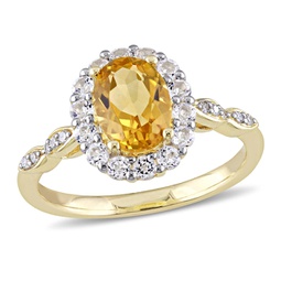 1 4/5 ct tgw oval shape citrine, white topaz and diamond accent vintage ring in 14k yellow gold