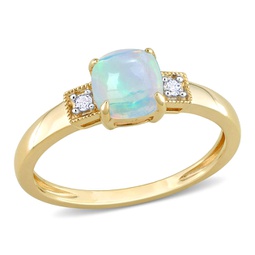 1 1/5 ct tgw cushion shape blue ethiopian opal and diamond accent ring in 10k yellow gold