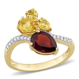 2 ct tgw pear-shape garnet and citrine and 1/10 ct tw diamond toi et moi ring in 14k yellow gold