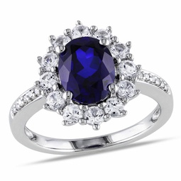 4 ct tgw created blue and white sapphire and 0.05 ct tw diamond halo ring in sterling silver