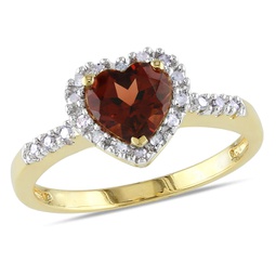 halo heart shaped garnet ring with 1/10 ct tw diamonds in 10k yellow gold