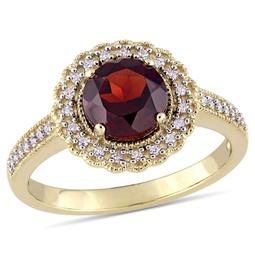 1/8 ct tw diamond and garnet halo ring in yellow plated sterling silver