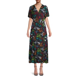 Abstract-Print Belted Maxi Dress