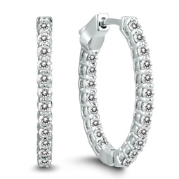 1 carat tw oval diamond hoop earrings with push button locks in 14k white gold