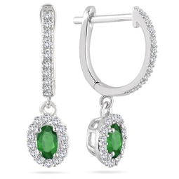 1/2 carat emerald and diamond halo dangle earrings in 10k white gold